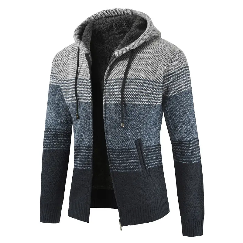 Men's Thick Hooded Sweater Men Color Block Stripe Cardigan Sweaters Jackets For Male