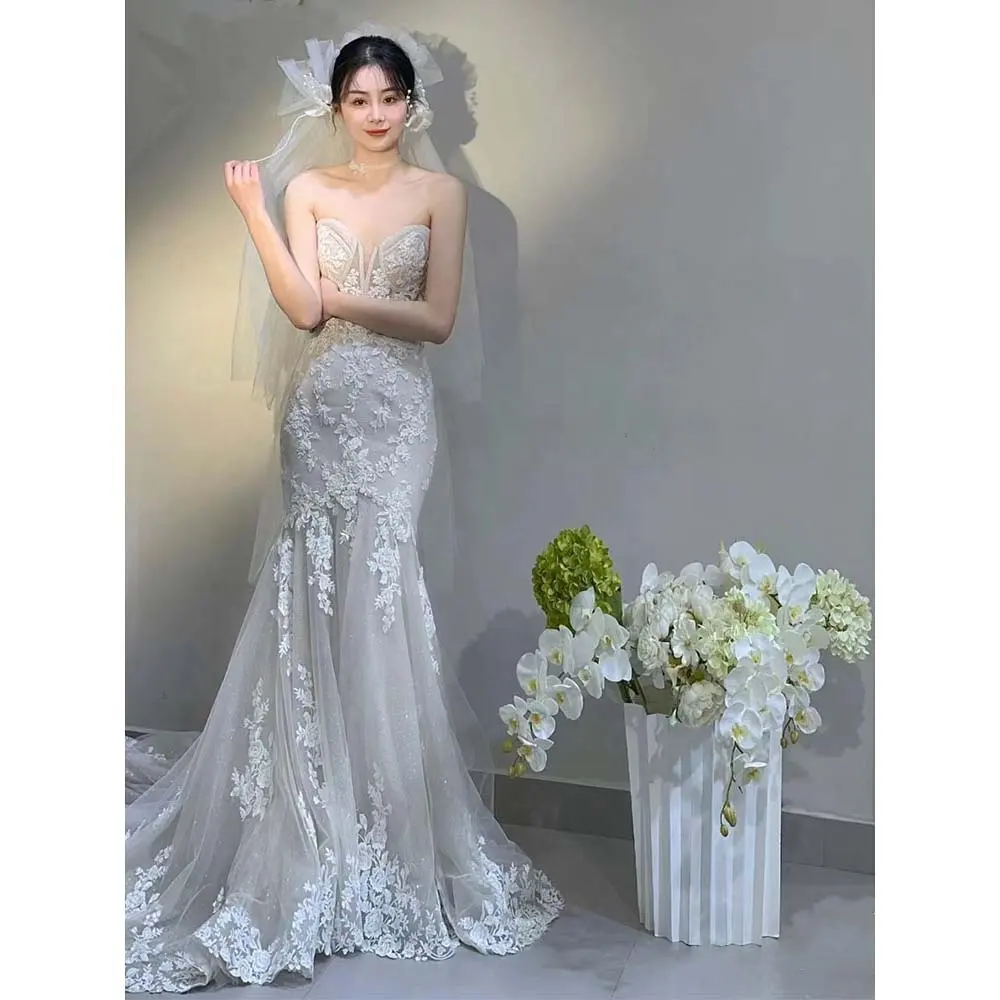 Tắt vai váy cưới mềm vải tuyn sâu V váy cưới cho cô dâu với chảy hoa ren Bridal Gown vestidos de novia
