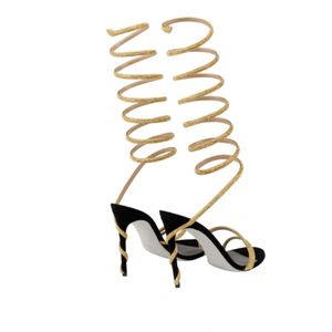 Tacones de aguja sexys con correa larga de 10 cm, punta cuadrada, diseño de serpiente en espiral negra para mujer - Product Image 2