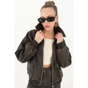 Chaqueta Bomber de Cuero Vacuno Lavado para Mujer, Color Marrón, Manga Larga, Estilo Otoñal - Product Image 3
