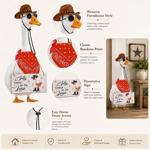 Décoration de jardin extérieure amusante : Plaque suspendue en forme de canard cowboy avec bandana rouge et chapeau marron - Product Image 2