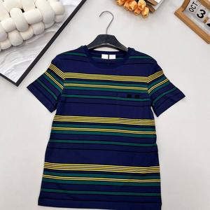 Women Navy Green <b>Yellow</b> Striped Short Sleeve Knit T Shirt Round Neck Soft Breathable Casual Daily Versatile Basic Fashion - Product Image 1