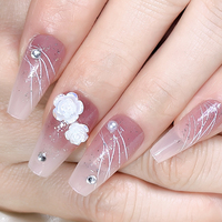 24 Uñas Postizas de ABS Color Rosa Morado con Flores Brillantes, Uñas Artificiales Medianas Estilo Bailarina