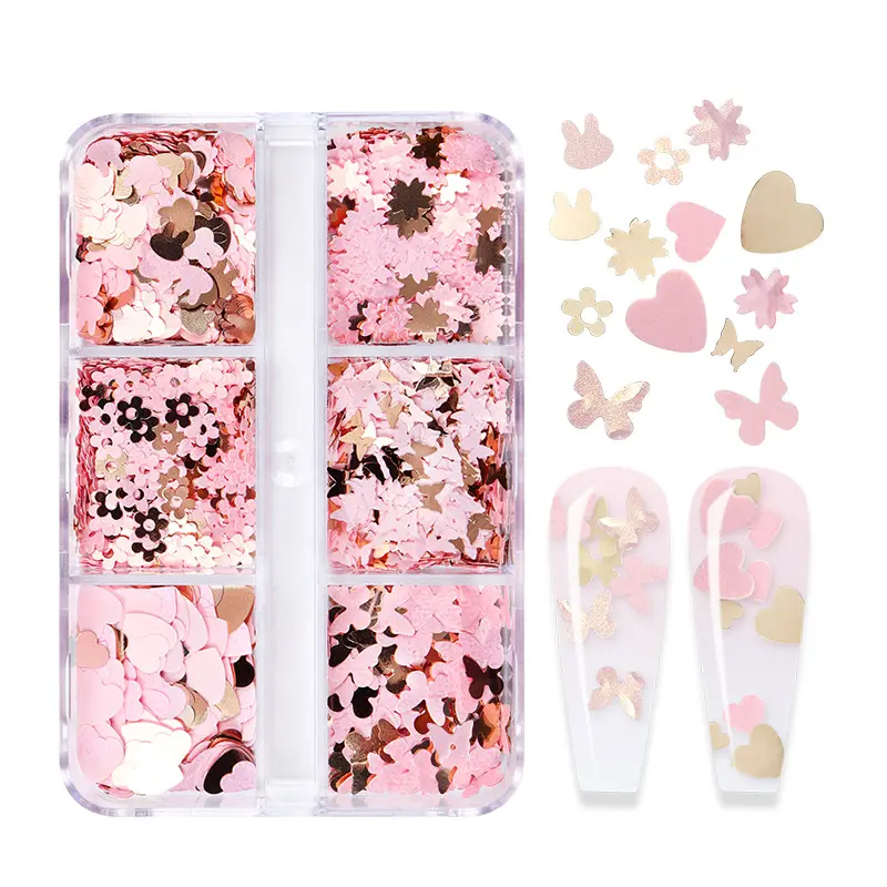 Bunny Heart Nail Charm 3D Cherry Blossoms Butterfly Nail Sequin Flakes Gold Pink Flower Nail Glitter Sequins