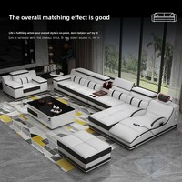 Canapé en cuir véritable en forme de L, style moderne minimaliste, multifonctionnel, avec massage, haut-parleur Bluetooth, port de charge USB