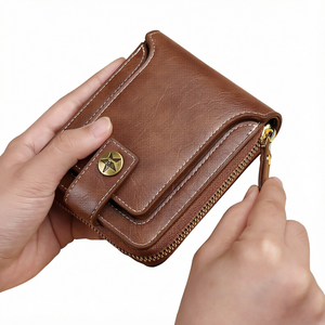 Portefeuille à fermeture éclair en cuir pleine fleur WRIZA, design marron, accent étoile sur la rabat, pochette artisanale, coutures durables, fermeture sécurisée - Product Image 1