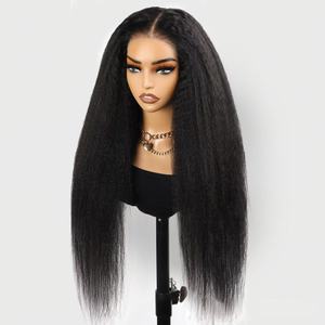 Perruque de cheveux humains 13x4 Kinky Straight pour femmes, densité 200%, perruques frontales en dentelle transparente pré-épilées, cheveux Remy Yaki Straight - Product Image 1