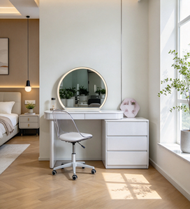 Modern White Vanity Set <b>with</b> <b>Lighted</b> Round <b>Mirror</b> Storage Cabinet - Product Image 5