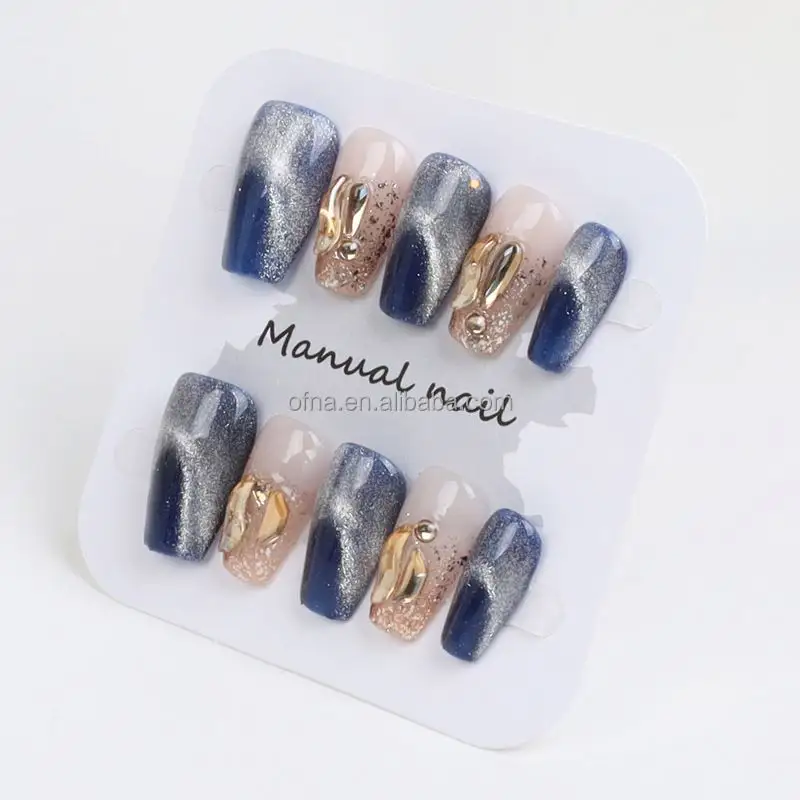 10 pezzi blu occhio di gatto puro fatto a mano su unghie bara Ballerina acrilico punte per unghie strass Bling unghie artificiali fornitore