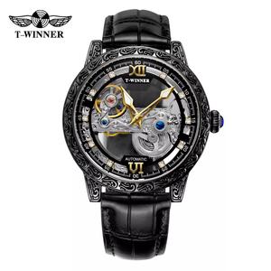 Advanced Design Retro Carved Men's Wristwatch <b>WINNER</b> Mechanical Movement <b>Watch</b> Leather Band 20mm Width Hollow Glass Pointer - Product Image 5