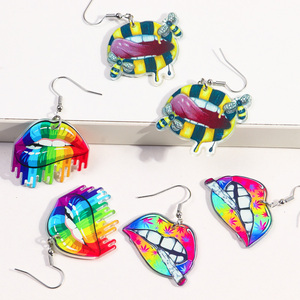 创意搞笑唇彩嘴性感舌唇彩虹蝴蝶蜜蜂蜂蜜铅笔夸张关闭印花亚克力滴耳环 - Product Image 3