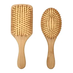 Geniş diş derisi doğal özel Logo bambu ahşap kıl yuvarlak Detangler saç fırçası kendini temizleme masaj Hairbrush ve tarak seti