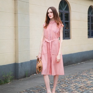 <span class=keywords><strong>เด</strong></span><span class=keywords><strong>รส</strong></span>ผู้หญิงแขนกุดทรงมิดิ คอตั้ง ติดกระดุม มีเข็มขัด สไตล์ลำลองสำหรับฤดูร้อน มีกระเป๋า - Product Image 4