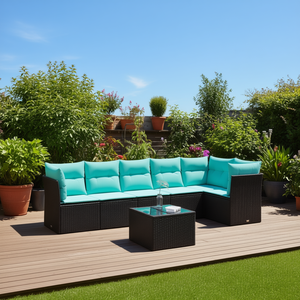 Set di Divani da Esterno in Polyrattan Nero, 7 Pezzi con Cuscini, Arredamento da Giardino in Stile Contemporaneo - Product Image 2