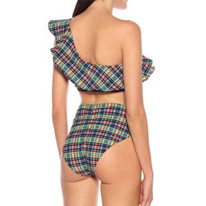 Custom Plaid Swimwear Seersucker One-shoulder Bikini <strong>Top</strong> High-Waist Bottom <strong>Checker</strong> 2 Piece Bathing Suit Gingham Check Swimsuit - Product Image 2