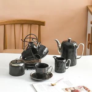 सबसे अच्छा बेच होटल घर नॉर्डिक काले चाय के बर्तन कॉफी चाय के कप सेट दोपहर सिरेमिक चाय लोहे के स्टैंड के साथ सेट