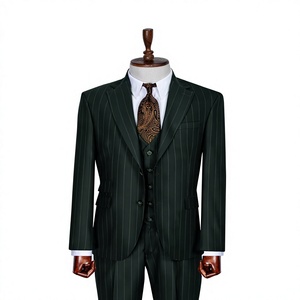 Costume d'affaires vert foncé à rayures fines pour homme, double boutonnage, col mandarin, coupe classique, ensemble gilet, en laine infroissable, tenue formelle - Product Image 1