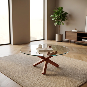 Table basse ronde moderne avec plateau en verre trempé et structure en bois, design mi-siècle, meubles de salon, facile à nettoyer - Product Image 4