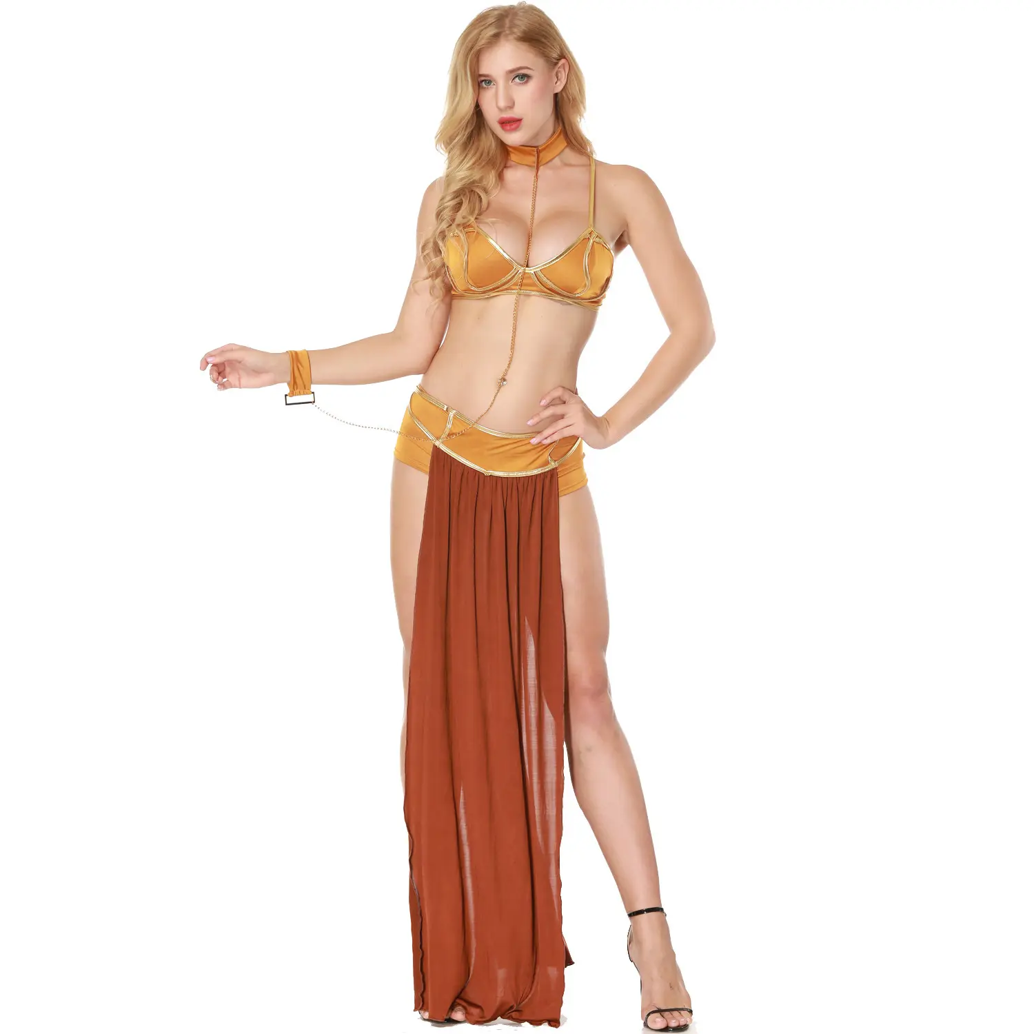 חדש סקסי קרנבל קוספליי נסיכת Leia Slave תלבושות שמלת זהב חזיית צוואר שרשרת ליל כל הקדושים תלבושות