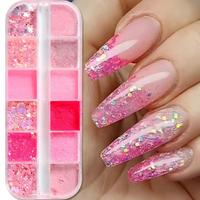 Ensemble de 12 poudres à ongles scintillantes rose et bleu néon d'été, paillettes irisées effet aurore, pigment de sable sucré pour la décoration des ongles