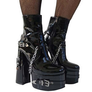 Big Size 47 Women's Metal Chain Side Zipper Ankle <b>Boots</b> Wide Fit High Chunky Heels Shoes Back Rivets Patent Short Booties - Product Image 4