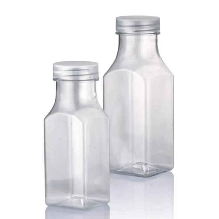 Penjualan laris botol minuman air jus susu kosong plastik PET persegi dengan tutup aluminium