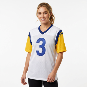 Camiseta de Fútbol Americano Personalizada para Hombre, Blanca, Azul y Amarilla, Cuello en V, Manga Corta, Malla Transpirable, con el Número 3 - Product Image 5