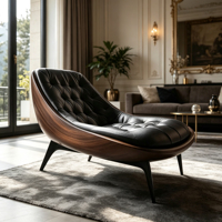 Fauteuil lounge en cuir noir capitonné de luxe avec structure en bois massif pour une décoration moderne de style mid-century