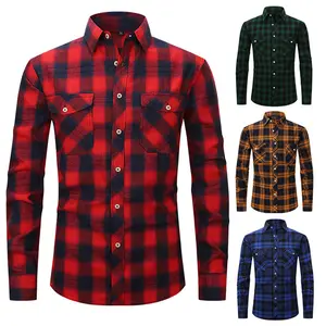 Men's Long-sleeved Fleece Double-pocket Flannel Wool Plaid Check Design Men's Shirt