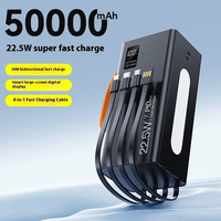 Power Bank Li-polymer Kapasitas Tinggi 50000mAh Pengisian Cepat 22.5W untuk Perjalanan Luar Ruangan, Charger Portabel dengan Kabel Bawaan dan Senter LED