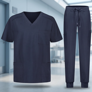 Ensemble de blouses médicales unisexe bleu marine à manches courtes avec poches et pantalon à cordon, uniformes d'hôpital en coton et polyester tissé - Product Image 3