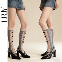 Chaussettes mi-mollet en nylon tricoté respirant style JK, motif papillon perlé gris, pour l'été, style Lolita