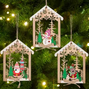 Wholesale Christmas Tree Decoration Wooden Hollow House Hanging Wooden Printed Christmas Tree Hanging Ornaments