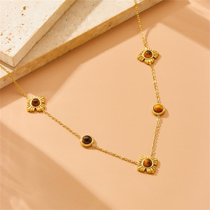 Gold Plated Stainless Steel Tiger Eye Flower Necklace <b>Bracelet</b> <b>Set</b> For Women Gift Jewelry Fashion Accessories - Product Image 2