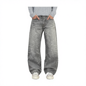 Erkek Düz Paça Punk Mürekkep Sıçramalı Kabartmalı Yıkama Su Gradyanlı Sokak Stili Eskitme Kot Pantolon 3D Su Gradyanlı Geniş Paça - Product Image 2