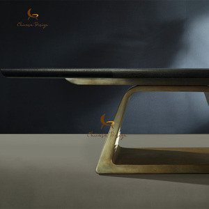 Long Rectangular Solid Wood Dining Table <b>Tabletop</b> Hollow Trapezoidal Brass Metal Base Luxury Household - Product Image 3