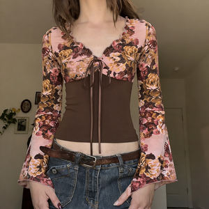 Vintage Patchwork Butterfly Floral Print <b>Knitted</b> Flare <b>Sleeve</b> <b>Top</b> for Women Sexy Slim Fit V-Neck Long <b>Sleeve</b> <b>Top</b> - Product Image 2