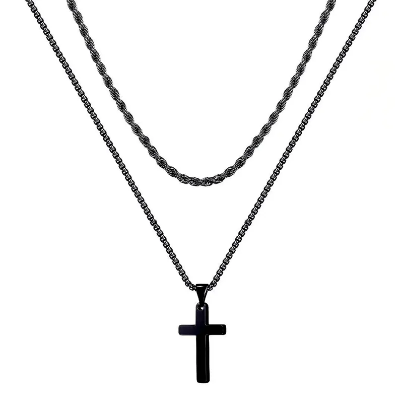 Hot Selling Jewelry Gifts For Men Silver Gold Black Color Stainless Steel Mens Cross Pendant Double Layered Necklace