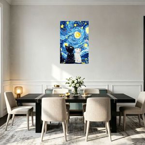 Tableau mural moderne rectangulaire sans cadre, motif animaux et fleurs, toile imprimée sur toile, motif chats nuit étoilée, cadre beige minimaliste, pour mariage - Product Image 3