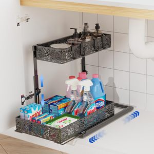 Adjustable Height Under Sink Organizer, Pull Out Cabinet Organizer, Under Cabinet Storage with Sliding Drawer and 4 Hooks
