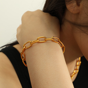 European American Style Gold Plated Oval Chain Necklace <b>Bracelet</b> <b>Set</b> For Everyday Wear Unisex Fashion Jewelry - Product Image 3