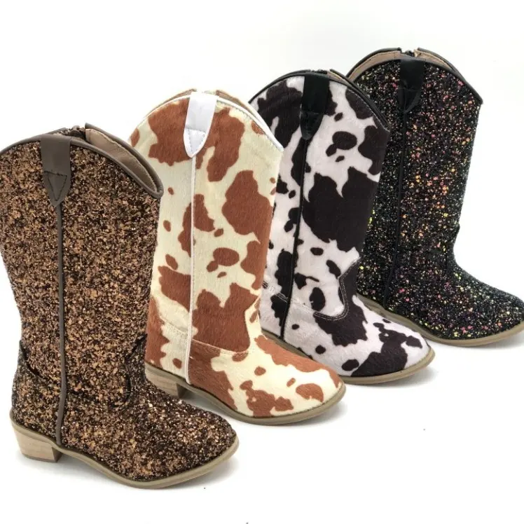 New Cute Leopard Cow Printed Kid Girl Heel Shoes West Cowboy Zipper Retro Shoes Glitter Cowgirl Boots