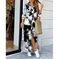 Robe longue tendance pour femme, printemps-été, manches longues, col rabattu, imprimée, grande taille, robe maxi décontractée pour femme