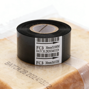 ริบบิ้นถ่ายโอนความร้อนแบบยึดเกาะสูงสำหรับบรรจุภัณฑ์พลาสติกเกรดอาหารและฉลากยา สำหรับการเข้ารหัสวันหมดอายุ ขนาด 30 มม. x 100 ม. - Product Image 1