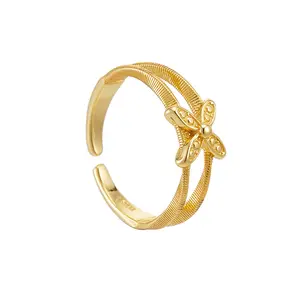 Delicate fine jewelry 18k gold plated real 925 sterling silver lucky four leaf clover ring adjustable flower rings for ladies