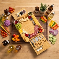 Grande planche à fromage en bambou avec tiroir coulissant, plateau de charcuterie multifonctionnel, couteaux à fromage et bols en céramique