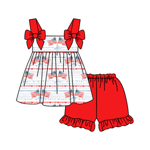 Conjunto de Ropa para Niña GSSO3117 CUSTOM Little Active Girl con Estampado de Bandera del 4 de Julio y Lazos Rojos, Conjunto sin Mangas para Niña al por Mayor - Product Image 1