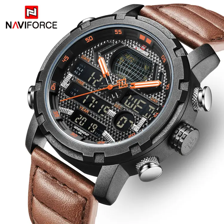 NAVIFORCE 9160 Top Brand 2019 Luxury Sport Watch Men Leather Strap 30M Waterproof Dual Display Wrist Watch Clock