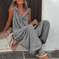 Combinaison pantalon ample sans manches à capuche boutonnée pour femme, style streetwear européen et américain, en polyester, collection 2026