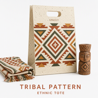 Sac à motif tribal imprimé sur mesure, sac de courses à motif culturel, sac en papier grainé ethnique recyclable et dessiné à la main, vente en gros